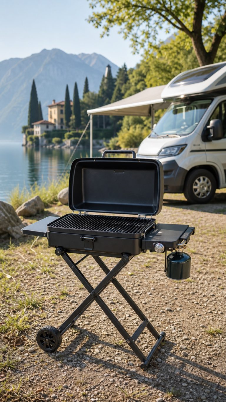 Weber Traveler aperto e acceso durante una grigliata in campeggio