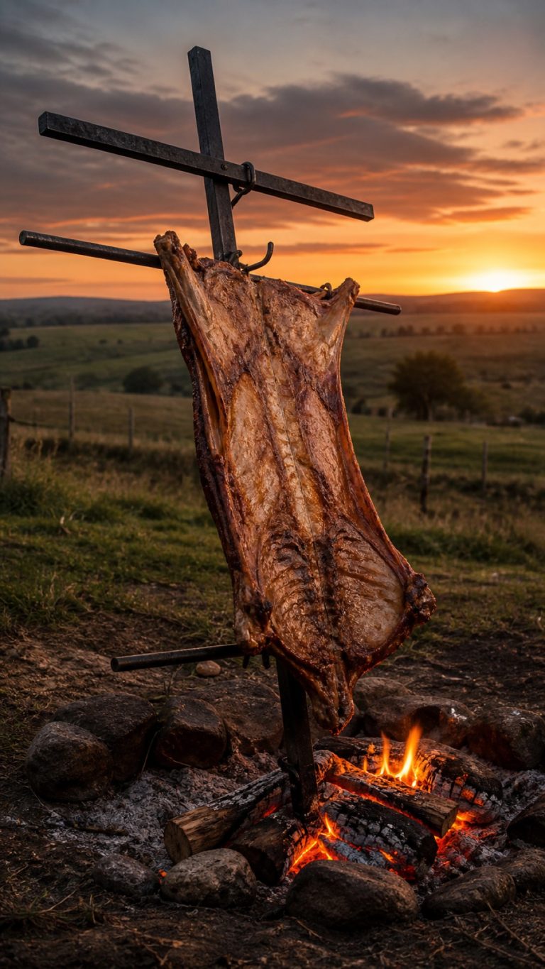 Carne fissata alla croce per asado davanti a un fuoco di legna