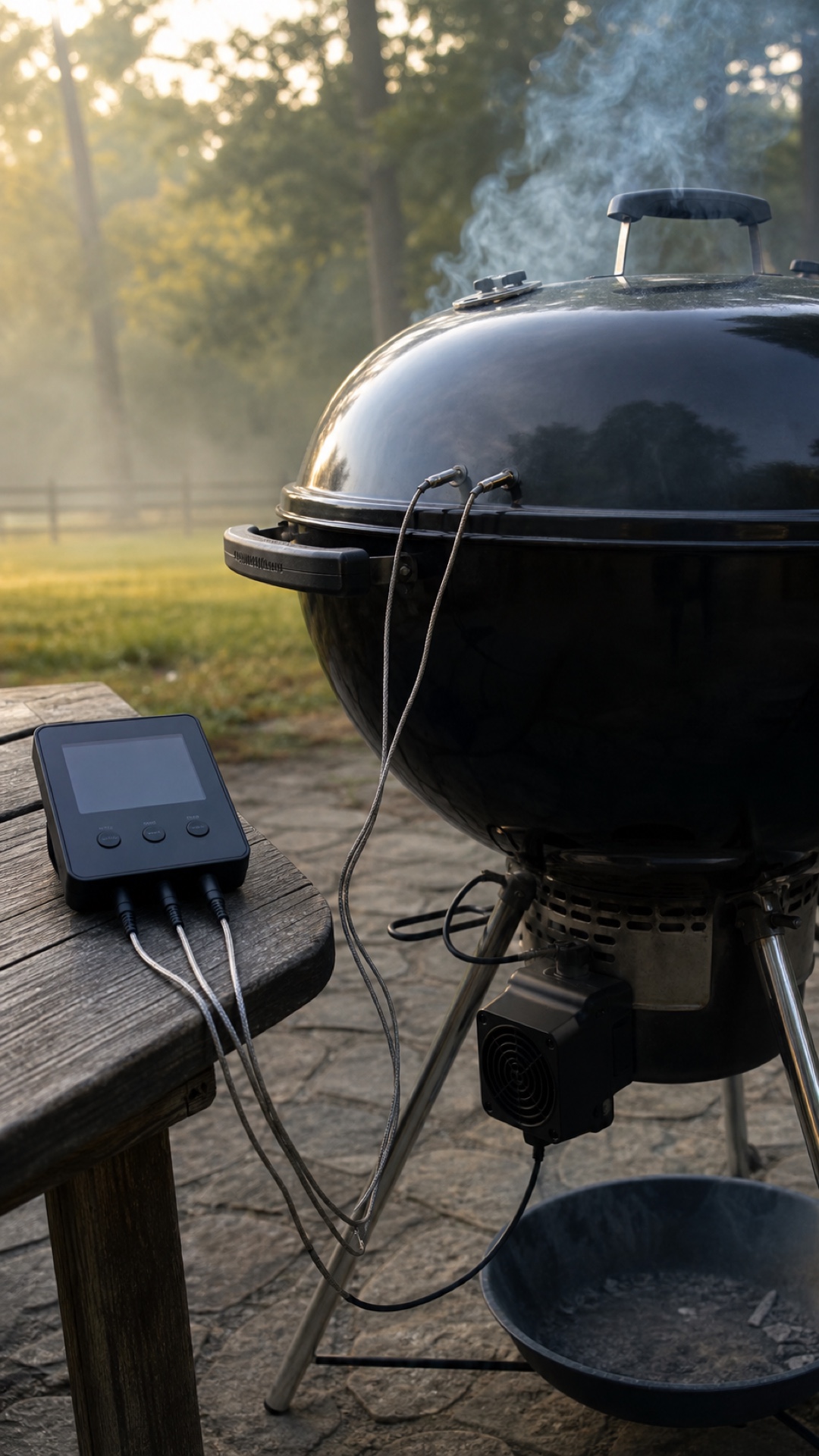 Ventola e sonde collegate a un barbecue con coperchio