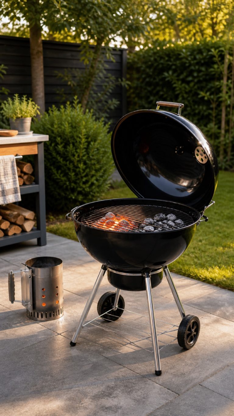 Weber Kettle acceso in giardino con brace pronta