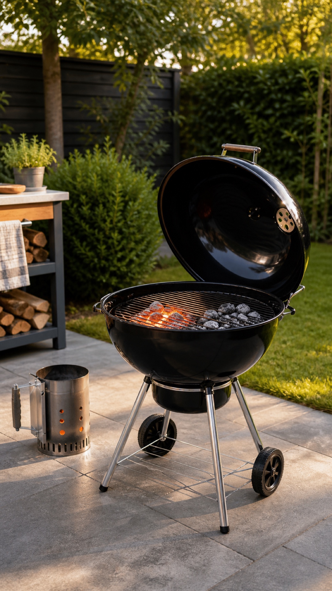 Weber Kettle acceso in giardino con brace pronta