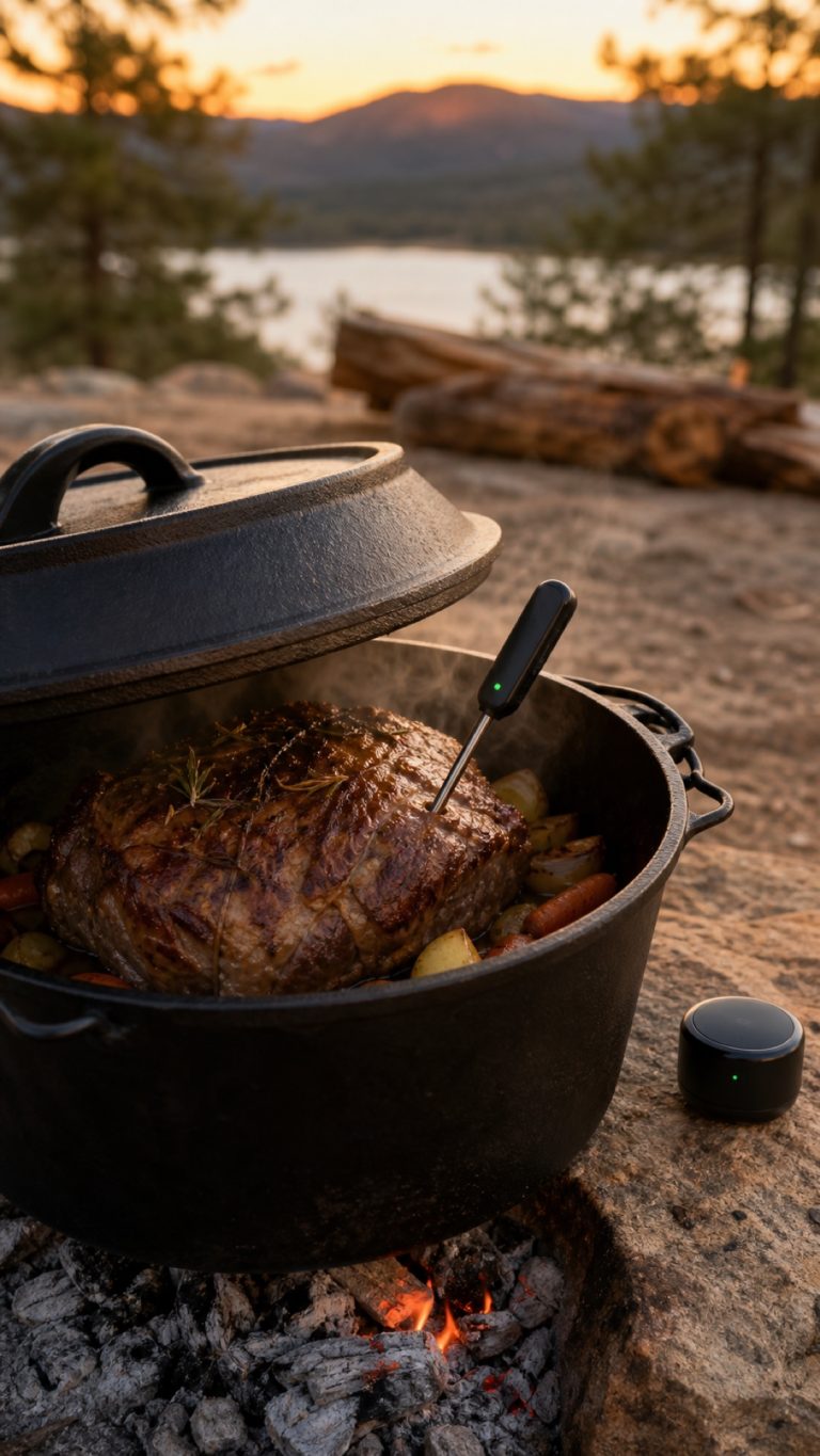 Sonda Meater nella carne cotta in un forno olandese di ghisa