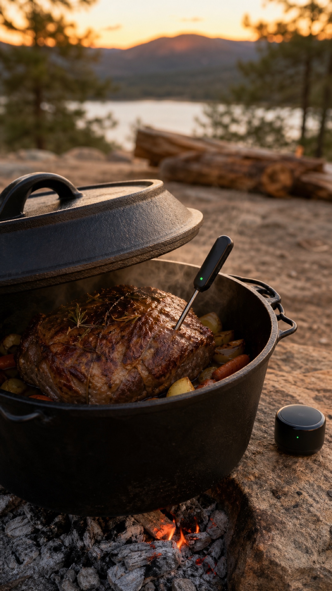 Sonda Meater nella carne cotta in un forno olandese di ghisa