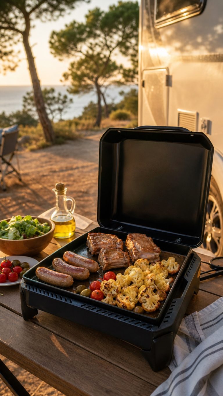 Costine, salsicce e cavolo sulla Weber Slate in campeggio
