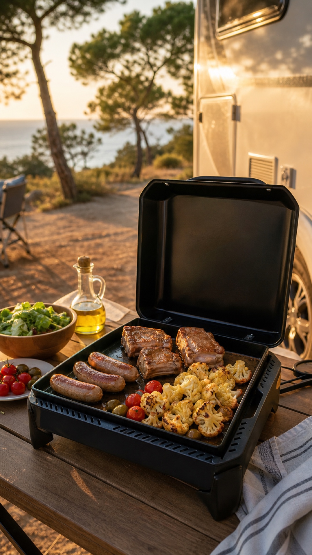 Costine, salsicce e cavolo sulla Weber Slate in campeggio