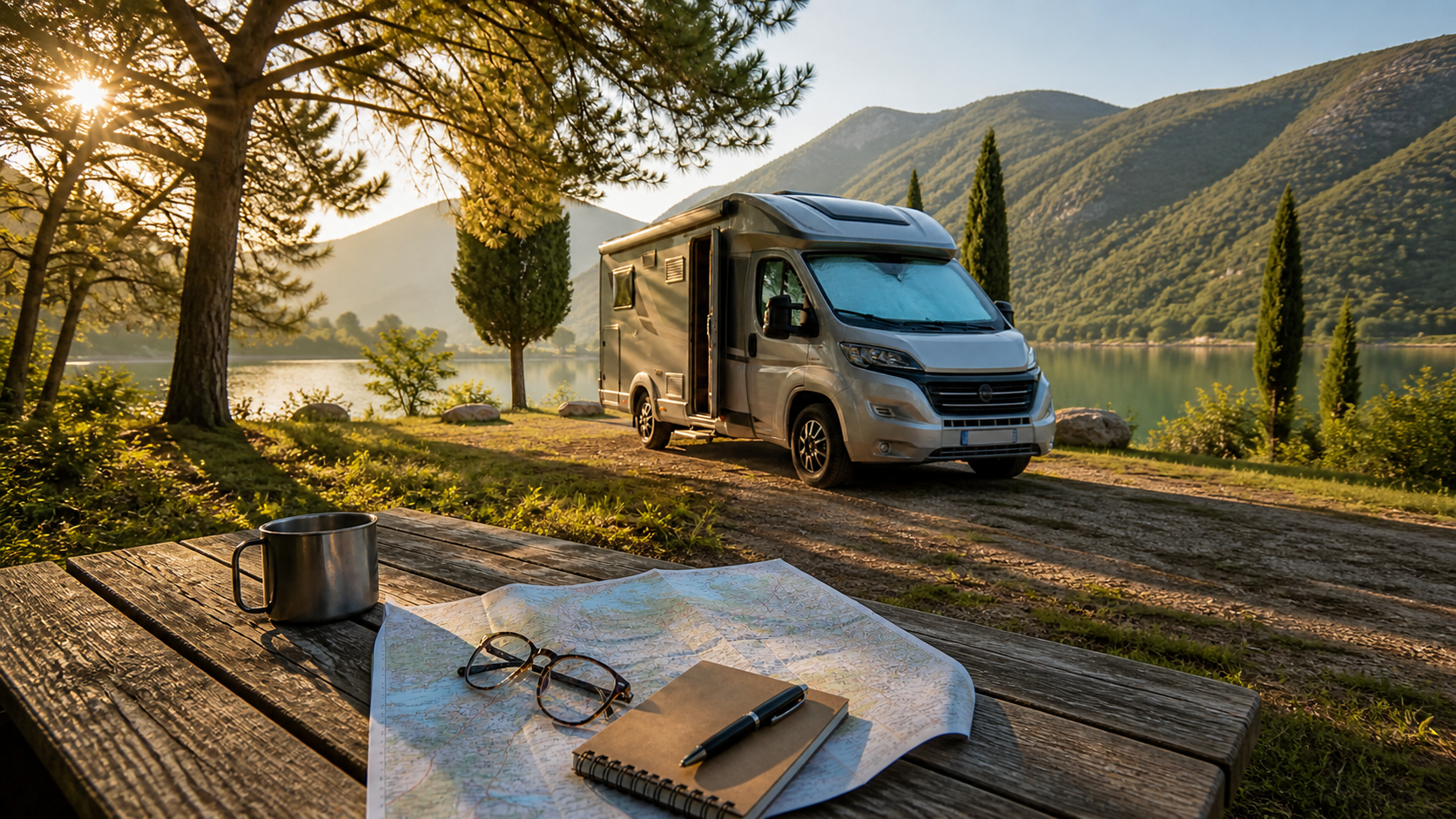 Camper accanto a un lago con mappa, taccuino e penna